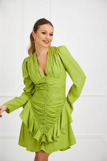 Hosszú ujjú ruhák, pamutból készült, Világos zöld pamutból készült ruha v-dekoltázzsal - StarShinerS.hu
