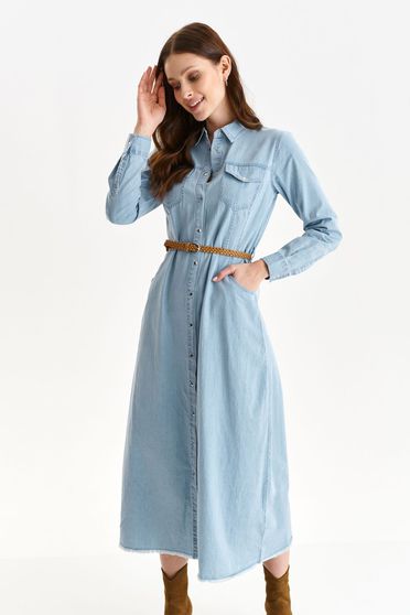 Maxi ruhák, Ruha kék pamutból készült harang ingruha elöl zsebes - StarShinerS.hu