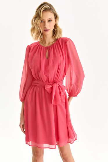 Pink rövid bő ujjú muszlin ruha harang alakú gumirozott derékrésszel