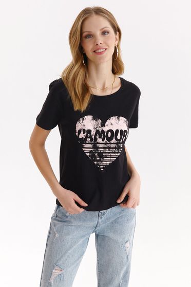 Pamut trikók, Fekete pamutból készült bő szabású póló kerekített dekoltázssal - StarShinerS.hu