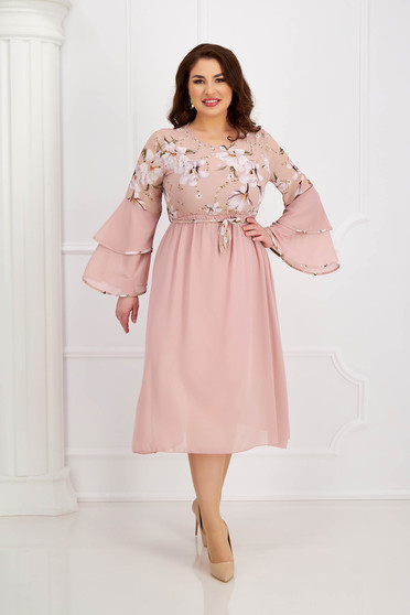 Midi ruhák, Púder rózsaszín muszlin harang alakú ruha gumirozott derékrésszel fodros ujjakkal - StarShinerS.hu