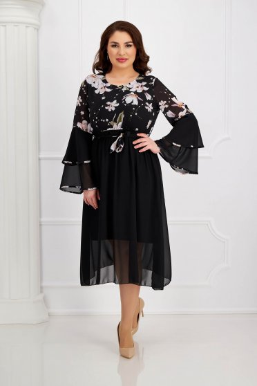 Midi ruhák, Fekete muszlin harang alakú ruha gumirozott derékrésszel fodros ujjakkal - StarShinerS.hu