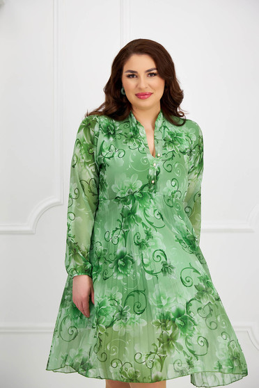 Zöld ruhák, Bő ujjú muszlin rakott, pliszírozott ruha harang alakú gumirozott derékrésszel - StarShinerS.hu