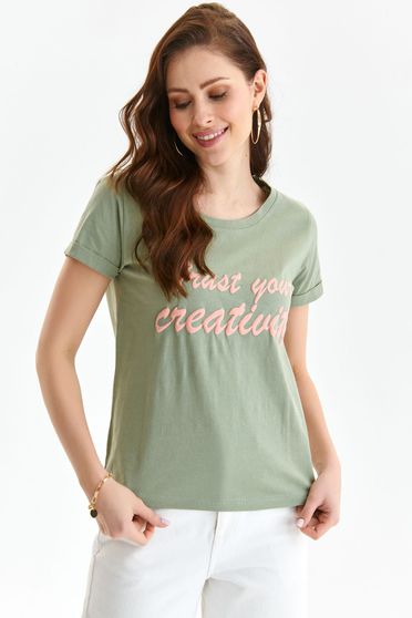 Kedvezmények pólók, Khaki zöld pamutból készült bő szabású póló kerekített dekoltázssal - StarShinerS.hu