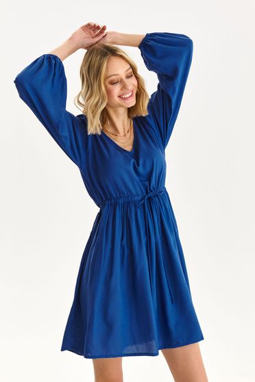 Könnyed ruhák, Kék rövid bő ujjú ruha harang alakú gumirozott derékrésszel vékony anyagból - StarShinerS.hu