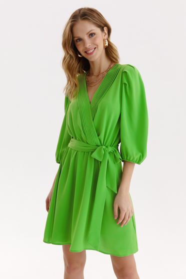Rövid ruhák, Zöld bő ujjú rövid ruha vékony anyagból harang alakú gumirozott derékrésszel - StarShinerS.hu
