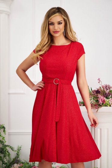 Nagy méretű ruhák piros,  méret: M, Ruha piros - StarShinerS lycra csillogó díszítések harang alakú gumirozott derékrésszel - StarShinerS.hu