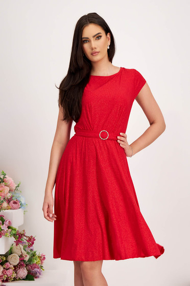 Ünnepi ruhák, Ruha piros - StarShinerS lycra csillogó díszítések harang alakú gumirozott derékrésszel - StarShinerS.hu