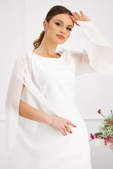 Hímzett ruhák, Fehér egyenes rugalmas szövetű ceruza ruha muszlin ujjakkal - StarShinerS - StarShinerS.hu