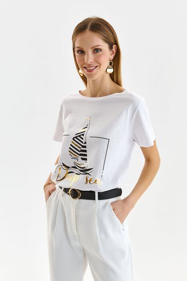 Casual trikók, Póló fehér pamutból készült bő szabású kerekített dekoltázssal - StarShinerS.hu