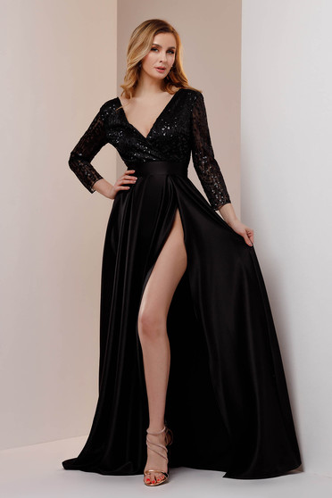 Luxus ruhák, Ruha fekete hosszú taft v-dekoltázzsal flitteres díszítéssel - StarShinerS.hu