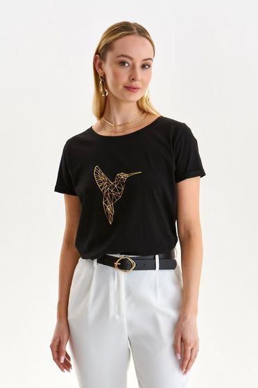 Női Pólók, Póló fekete pamutból készült bő szabású kerekített dekoltázssal - StarShinerS.hu