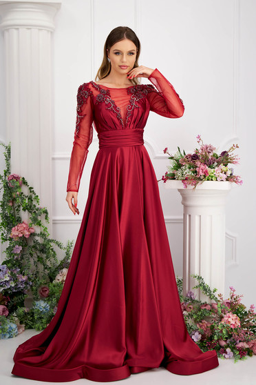 Vörös ruhák, Burgundy taft anyagú hosszú harang ruha hátúl v-dekoltázzsal és elől csipke díszítéssel - StarShinerS.hu