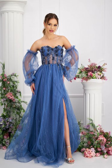 Násznagy ruhák, Ruha kék tüllből hosszú harang bő ujjú csipkés és strassz köves díszítés - StarShinerS.hu