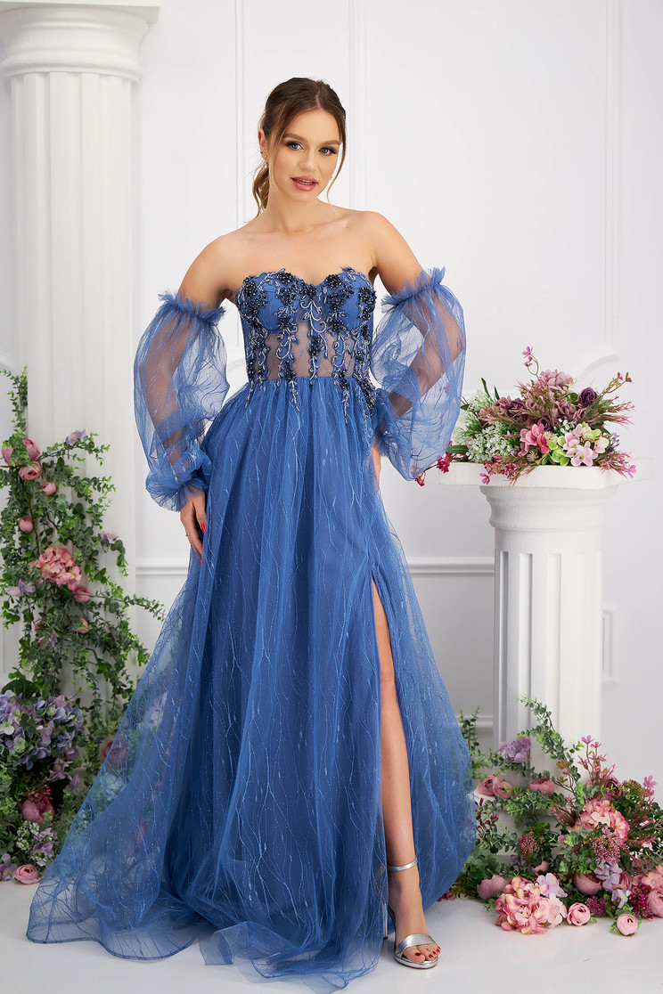 Luxus ruhák, Ruha kék tüllből hosszú harang bő ujjú csipkés és strassz köves díszítés - StarShinerS.hu