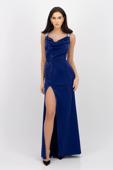 Nagy méretű ruhák,  méret: M, Hosszú szirén szabású kék lycra ruha vállán strasszos kiegészítővel - StarShinerS - StarShinerS.hu