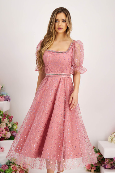 Nagy méretű ruhák, Pink midi harang ruha tüllből hímzett és csillámos díszítéssel öv típusú kiegészítővel - StarShinerS.hu
