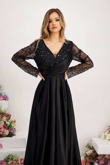 Gyöngyös ruhák, Fekete rugalmas taft anyagú hosszú harang ruha csillámmal és strassz köves díszítéssel - StarShinerS.hu