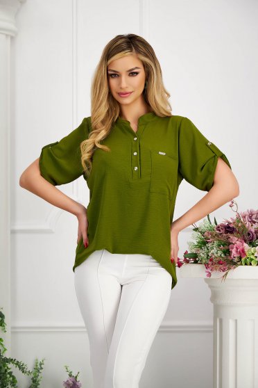 Blúzok, Bő szabású khaki zöld muszlin női blúz kreppes anyagal - StarShinerS.hu