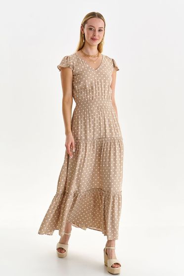 Maxi ruhák, Könnyed anyagú hosszú harang alakú bézs ruha gumirozott derékrésszel fodros vállal - StarShinerS.hu