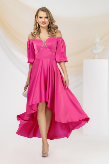 Rózsaszín ruhák, Fukszia rugalmas taft anyagú aszimetrikus harang ruha bő ujjakkal és csillogó szálllal - StarShinerS.hu