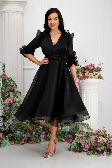 Luxus ruhák, Fekete midi organza harang ruha öv típusú kiegészítővel és bő ujjakkal - StarShinerS.hu