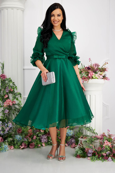 Luxus ruhák, Zöld midi organza harang ruha öv típusú kiegészítővel és bő ujjakkal - StarShinerS.hu