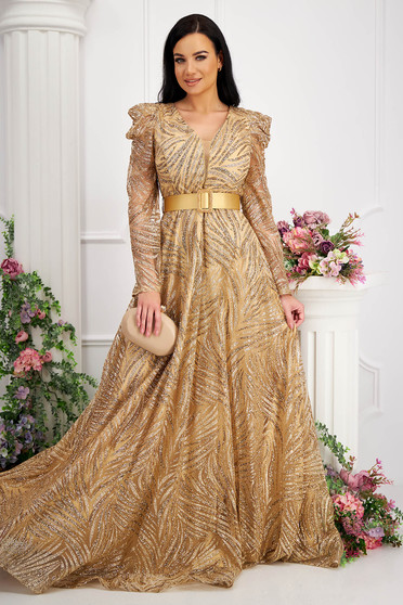 Luxus ruhák, Ruha aranyszínű hosszú harang tüllből csillogó díszítések - StarShinerS.hu