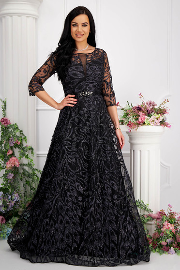 Luxus ruhák, Ruha fekete tüllből harang hosszú csillogó díszítések strassz köves díszítés övvel ellátva - StarShinerS.hu