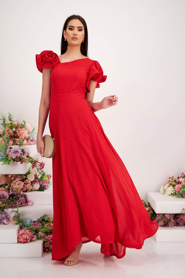 Esküvői ruhák, Piros georgette aszimetrikus harang ruha csillogó díszítéssel fodros ujjakkal - StarShinerS - StarShinerS.hu