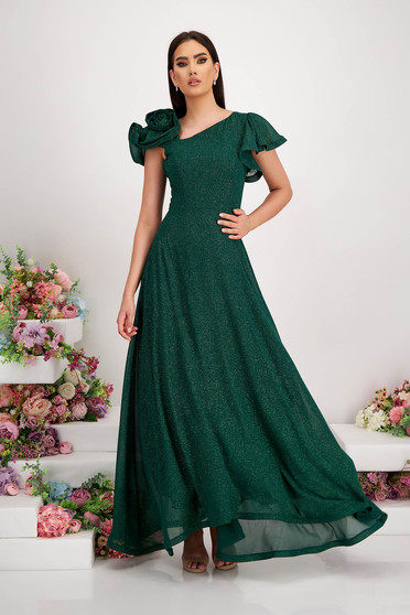 Esküvői ruhák, Zöld georgette aszimetrikus harang ruha csillogó díszítéssel fodros ujjakkal - StarShinerS - StarShinerS.hu