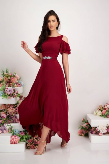 Nagy méretű ruhák piros harang alakú,  méret: M, Ruha burgundy muszlinból asszimmetrikus harang hosszú kivágott vállrésszel - StarShinerS - StarShinerS.hu