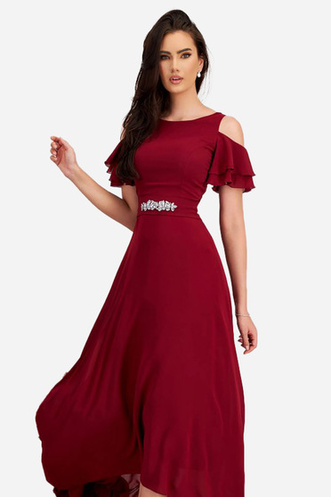 Nagy méretű ruhák piros,  méret: M, Ruha burgundy muszlinból asszimmetrikus harang hosszú kivágott vállrésszel - StarShinerS - StarShinerS.hu