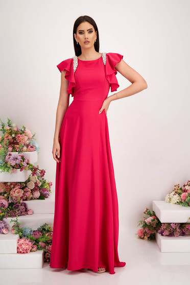 Hosszú ruhák, Pink muszlin hosszú harang ruha fodros és gyöngy díszítéssel - StarShinerS - StarShinerS.hu