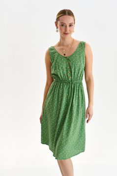 Zöld vékony harang alakú ruha gumirozott derékrésszel gomb kiegészítőkkel derékban zsinóros