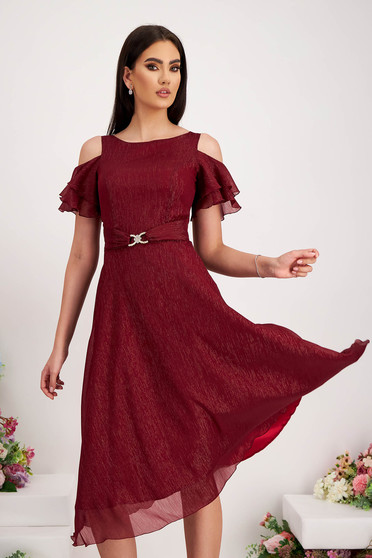 Elegáns ruhák, Burgundy muszlin midi harang ruha csillogó díszítésekkel - StarShinerS - StarShinerS.hu