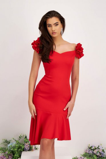 Elegáns ruhák piros,  méret: XL, Piros rugalmas szövetü ceruza ruha ujjatlan és fodros díszitéssel - StarShinerS - StarShinerS.hu