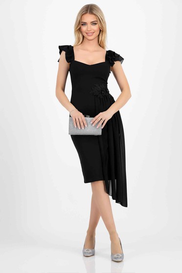 Nagy méretű ruhák fekete, krepp,  méret: M, Midi krepp ceruza ruha - fekete, mély dekoltázzsal, anyagátfedés muszlinból - StarShinerS - StarShinerS.hu