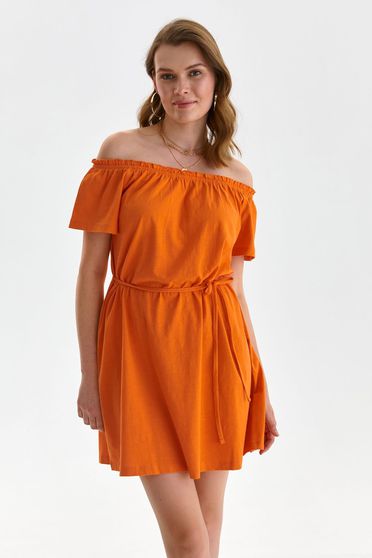 Kismama ruhák, Ruhák, marimea XL, Narancssárga vékony anyagú rövid harang ruha vállak nélkül övvel - StarShinerS.hu