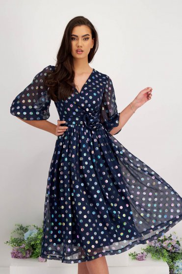 Pöttyös ruhák, Kék muszlin midi harang ruha bő ujjakkall és virág alakú brossal - StarShinerS - StarShinerS.hu