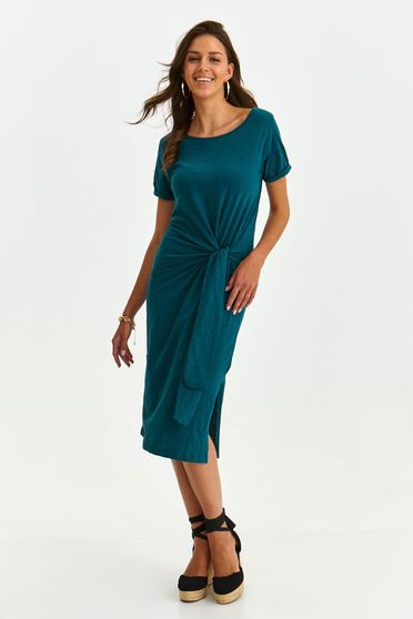 Hétköznapi ruhák, vékony anyag,  méret: L, Sötétzöld vékony anyagú ceruza ruha oldalt felsliccelt - StarShinerS.hu