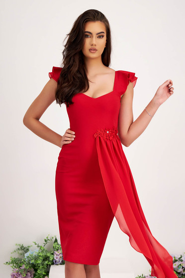 Elegáns ruhák piros,  méret: XL, Midi krepp ceruza ruha - piros, mély dekoltázzsal, anyagátfedés muszlinból - StarShinerS - StarShinerS.hu