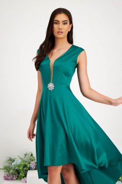 Taft aszimetrikus harang ruha - zöld, rugalmas anyagú, v-dekoltázzsal, bross kiegészítővel - StarShinerS