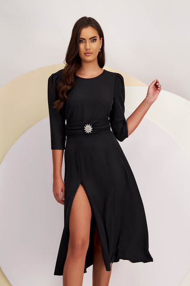 Elegáns ruhák, Georgette midi harang ruha - fekete, bő ujjakkal, bross kiegészítővel - StarShinerS - StarShinerS.hu