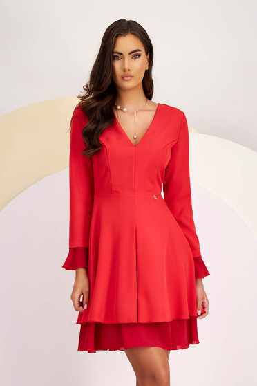 Elegáns ruhák piros harang alakú, Piros elasztikus anyagból készült StarShinerS rövid ruha fátyolfodrokkal - StarShinerS.hu