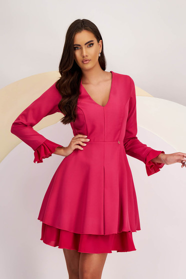 Elegáns ruhák, Pink elasztikus anyagból készült StarShinerS rövid ruha fátyolfodrokkal - StarShinerS.hu