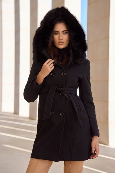 Casual kabátok, Szövet egyenes nagykabát - fekete, eltávolítható müszörmés kapucnival - StarShinerS.hu