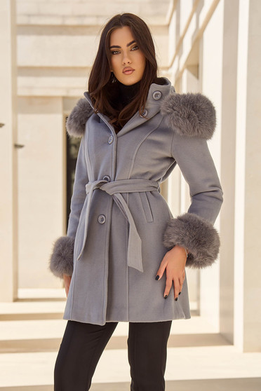 Egyenes szabású kabátok, Szövet egyenes nagykabát - szürke, oldalt zsebekkel, eltávolítható kapucnival - StarShinerS.hu