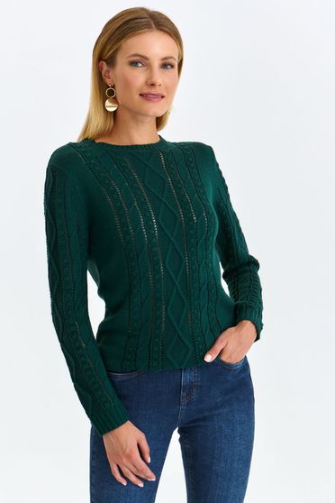 Testhezálló pulóverek, Kötött szűk szabású pulóver - sötétzöld, dombor mintával - StarShinerS.hu