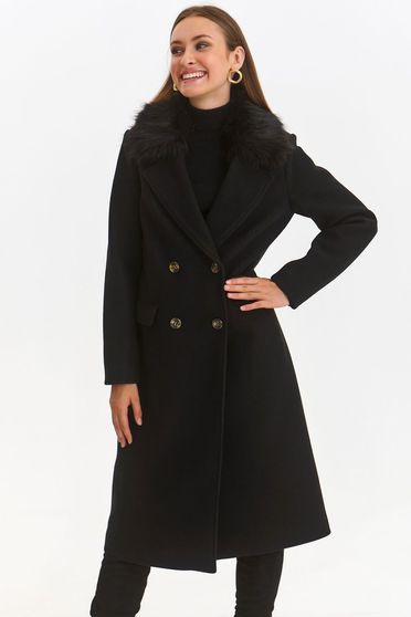 Hosszú kabátok, Fekete szövetből készült Top Secret kabát egyenes szabással, levehető ökoszőrme gallérral - StarShinerS.hu